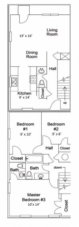 Floor plan for 3 beds, 1 bath, 1060 sqft